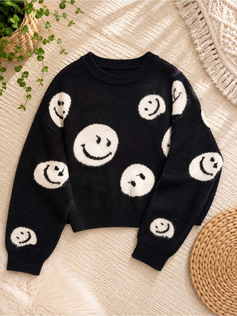 Black Smiley Knit Sweater - Women's Cozy Pullover
